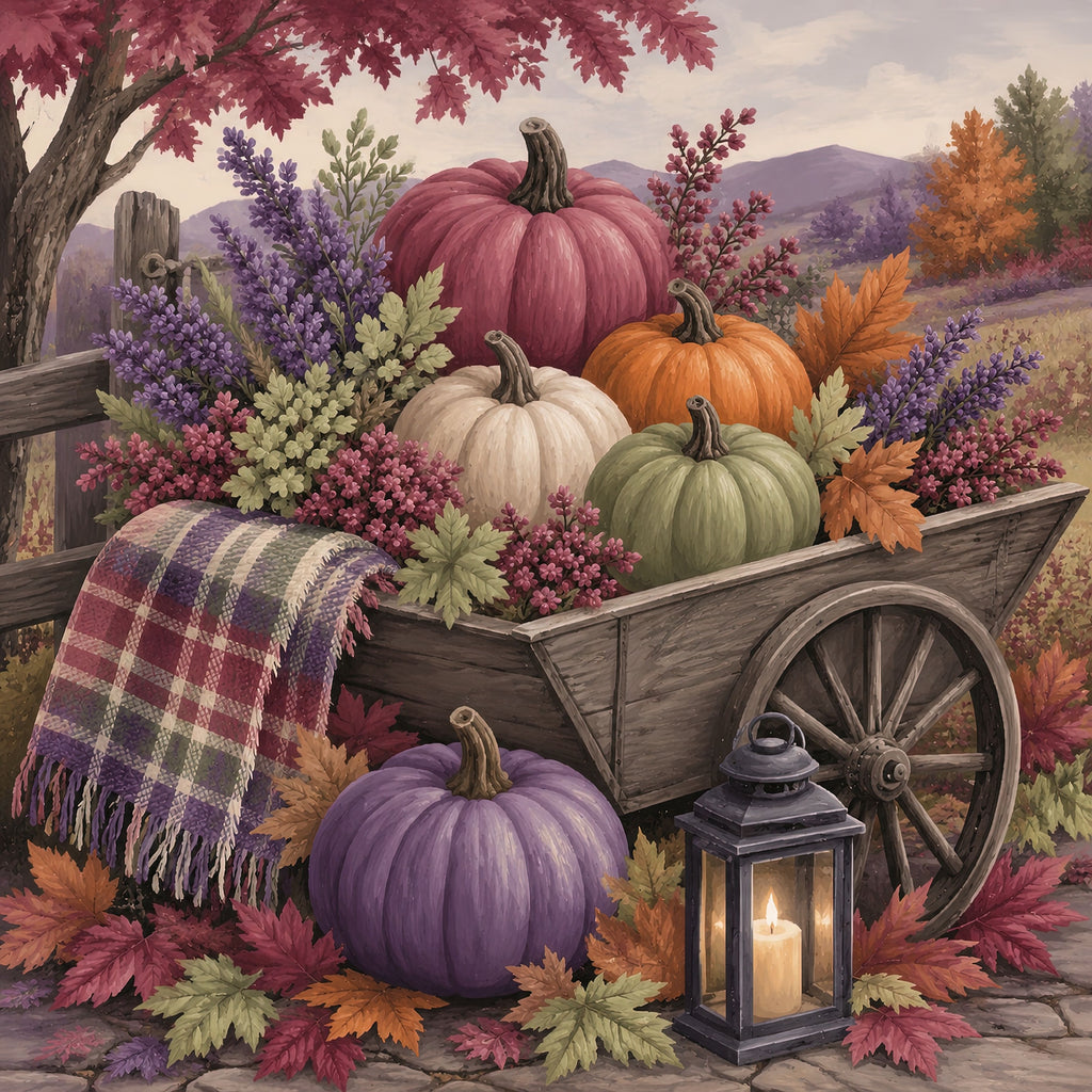 Autumn Pumpkin Wheelbarrow Diamond Painting Kit – Harvest Hollow | 45x45cm (18x18in) Full Drill, Round Drill