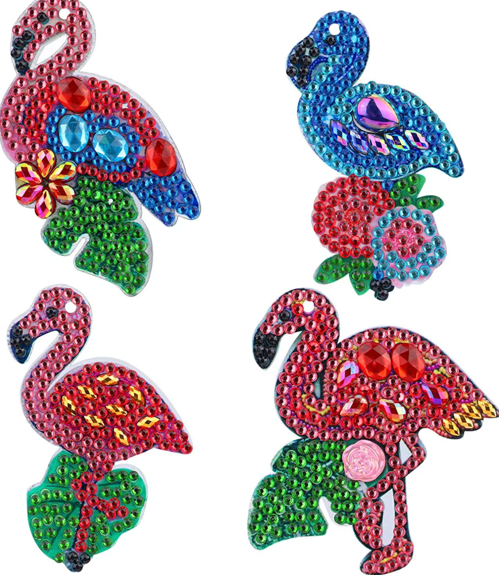 Flamingo diamond painting keychain set, four flamingos