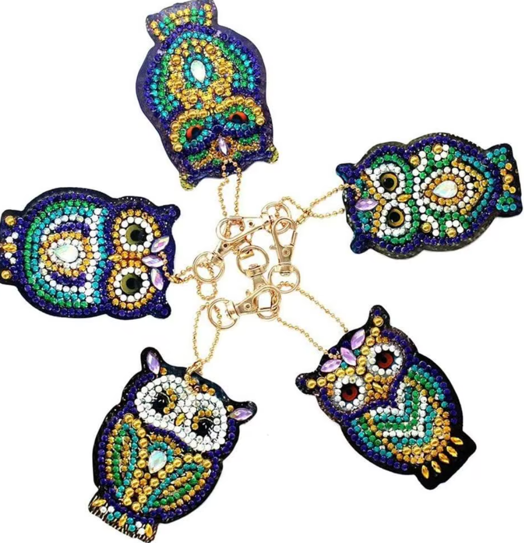 Ornate owl diamond painting keychain set, five jeweled owls
