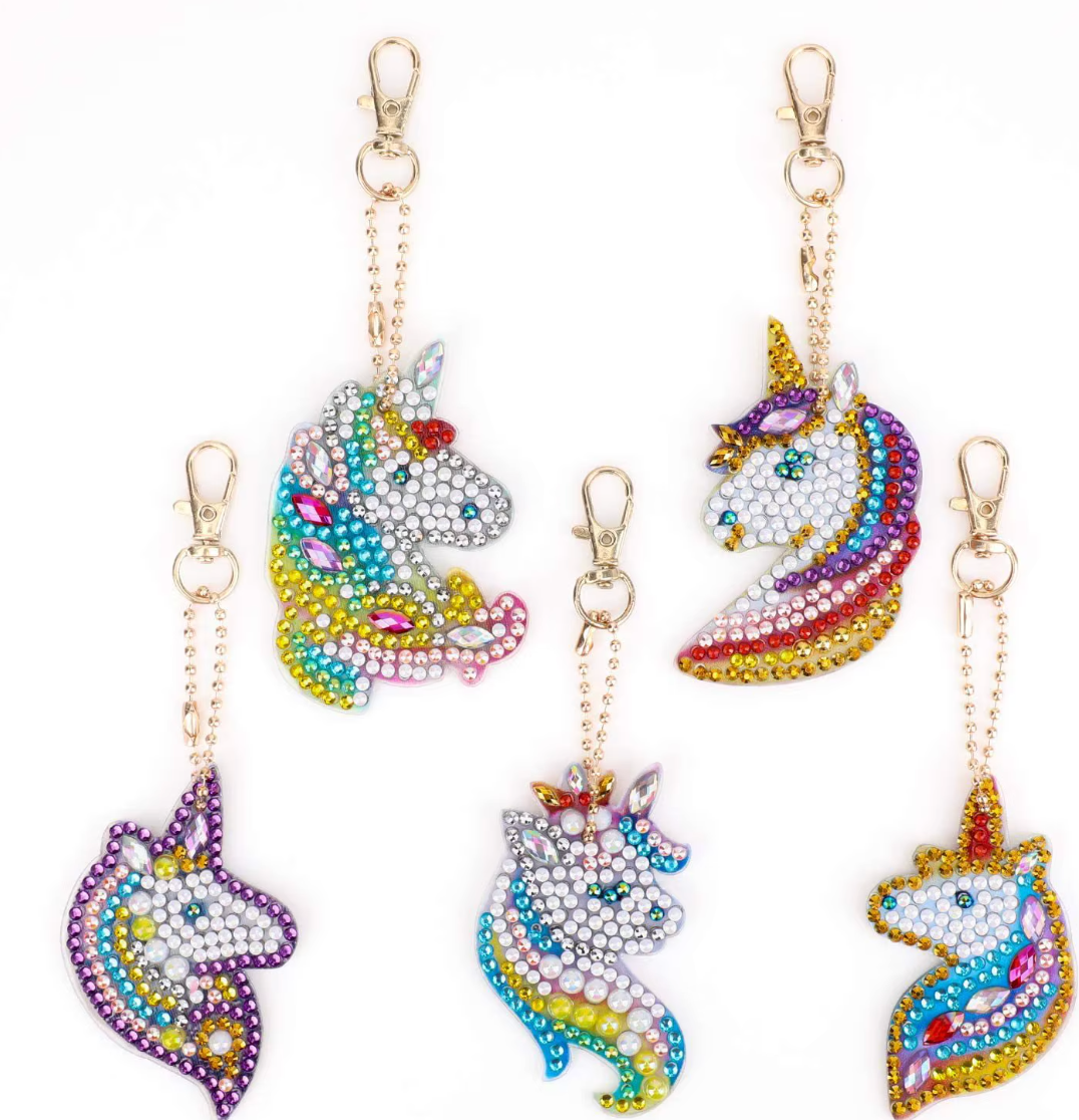 Unicorn head diamond painting keychain set, five unicorns