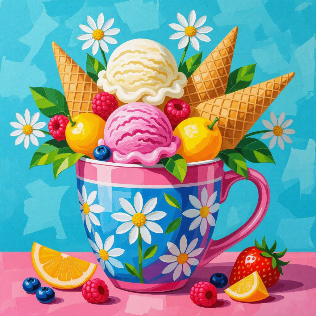 Diamond Painting Kit Ice Cream & Daisies, Full Drill Round Diamond Art for Adults, 40x40cm DIY Craft Kit, Cute Kitchen Wall Decor Gift