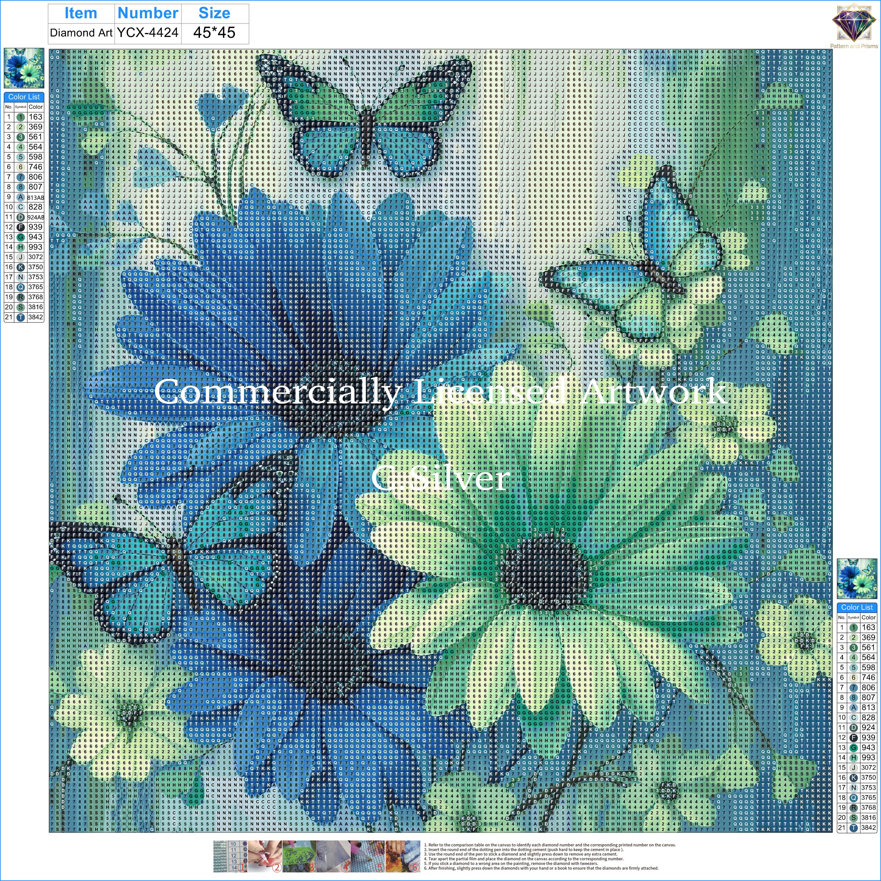 Seaglass Floral Diamond Painting Kit – Teal Blue Butterfly Daisy | 45x45cm (18x18in) Full Drill, Round Drill