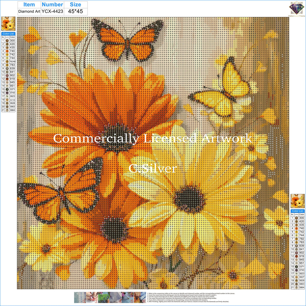 Golden Hour Floral Diamond Painting Kit – Sunny Butterfly Daisy | 45x45cm (18x18in) Full Drill, Round Drill